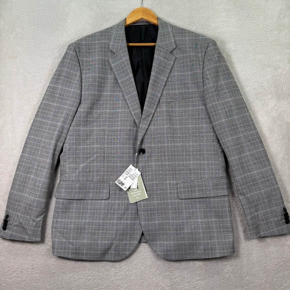 NEW H&M Skinny Fit Blazer Gray Houndstooth Plaid 2-Button Mens 44R Preppy Casual - Picture 1 of 13